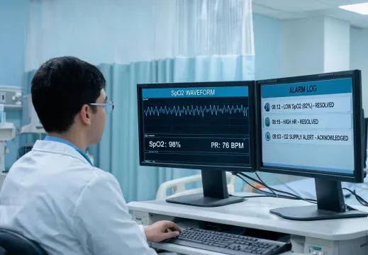 Clinical engineer reviewing monitor waveform