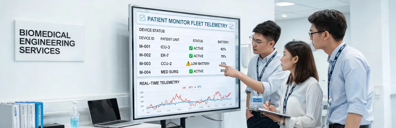Biomedical service team reviewing connected device dashboard